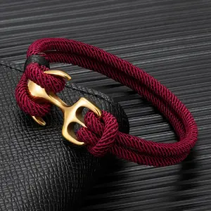 18K Plated Anchor Bracelets Men Double strand Nautical Survival Rope Paracord Bracelet Women Stainless Steel Sport Buckle