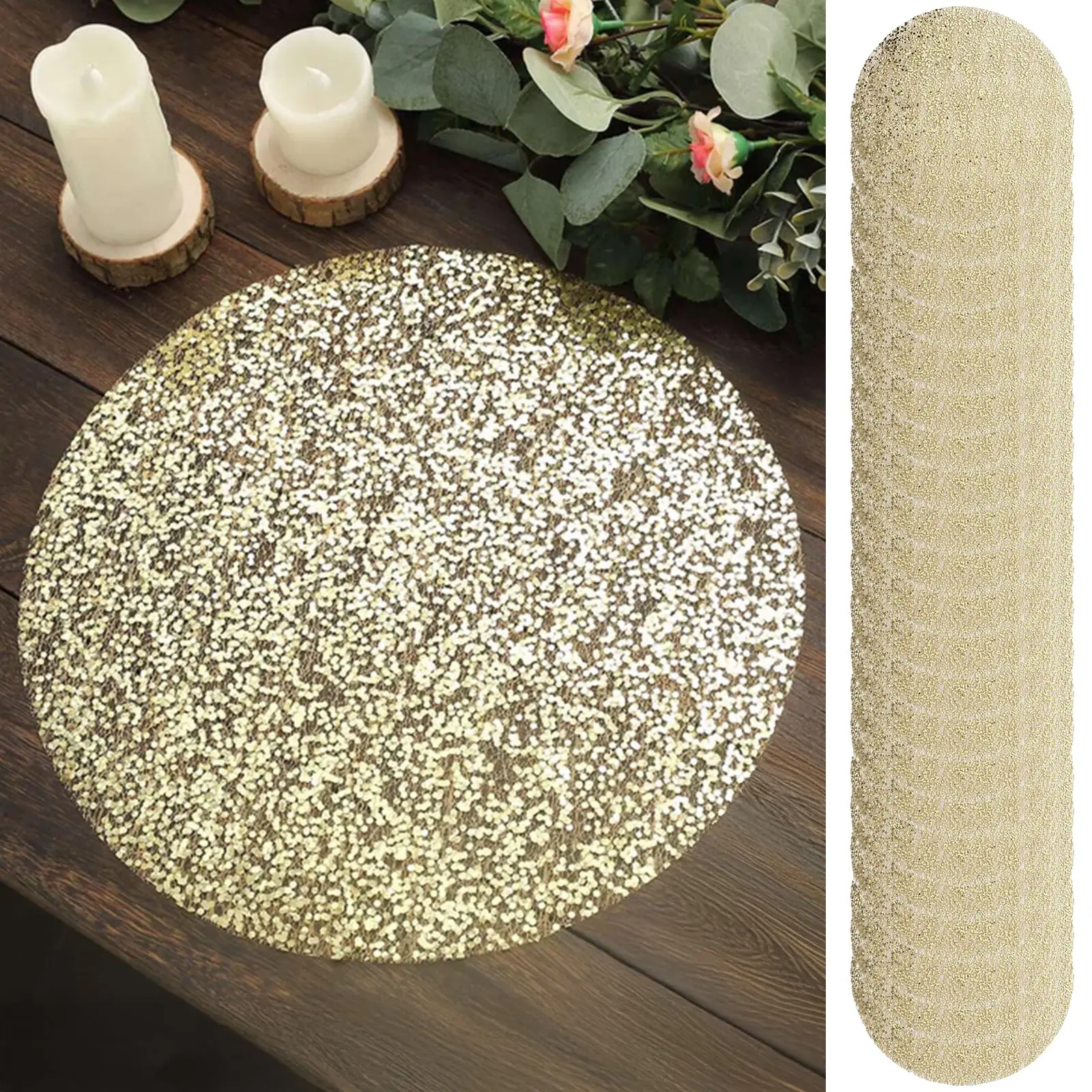 Metallic Gold Round Shape Plastic Placemats (50-Pack, 13 inches) - Mesh Disposable Dust-Free Tableware, Glam Glossy Wipeable Kitchen Placemats for Dining Tables