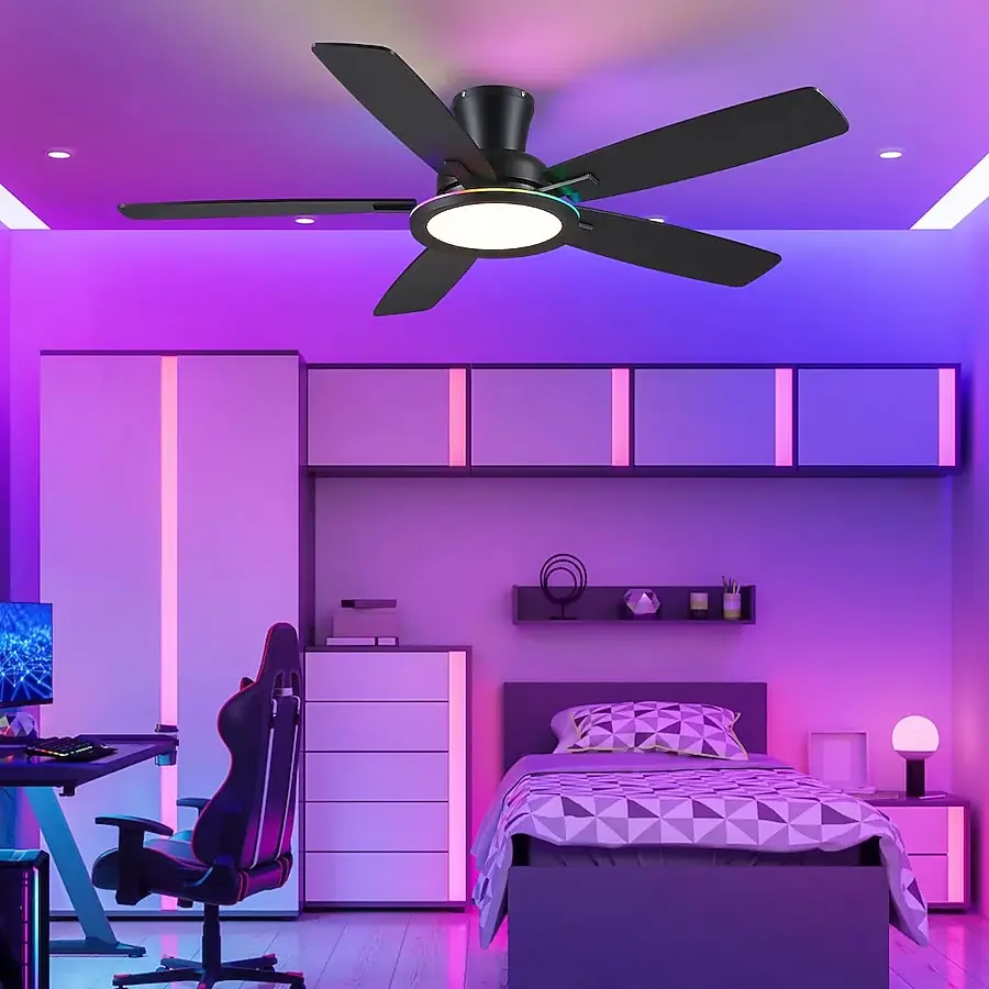 52" Flush Mount Ceiling Fan with Light Ultra Quiet DC Motor 5 Plywood Blades Reversible Airflow 6 Speed Remote and App Control 3 CCT Dimmable RGB LED for Bedroom and Living Room