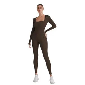 Brown Square Neck Ribbed Long Sleeve Jumpsuit Womenswear   Activewear