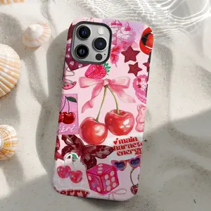 Retro lucky cherry collage, a playful pink pattern, two-in-one phone case, featuring a durable, shock-absorbing, and stylish design. Compatible with iPhone 17, 16, 15, 14, 13, 12, 11 Pro Max Pro Plus, and Samsung Galaxy S25, S24, S23 Ultra.