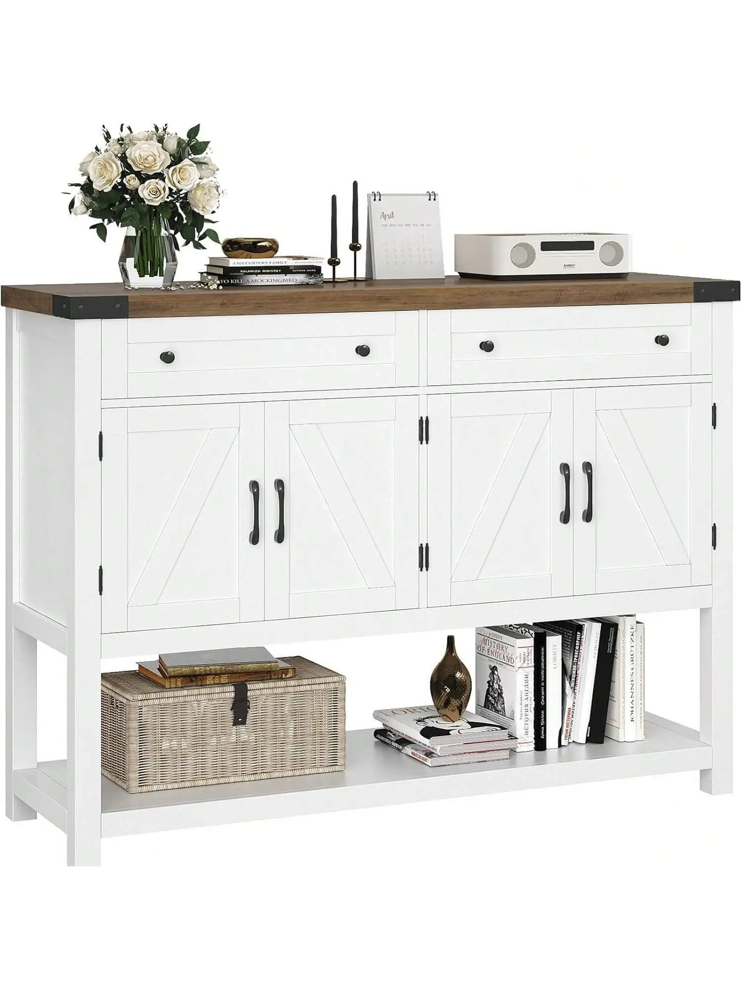 47.2" Modern Farmhouse Multi-Functional Black Buffet Sideboard - Double Door, Drawers, Barn Doors, 2 Cabinets, Shelf, Farmhouse Bar Cabinet, Console Table For Kitchen, Dining Room, Black Furniture Sideboards, Double Door Sideboards