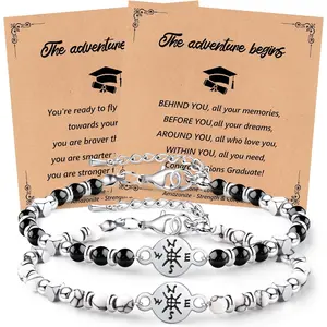 Graduation Compass Bracelets Set for Her Him, Graduation Gift for Middle School High School and College Students 5th 8th Grade Comes with 2 Inspirational Card (Black White)