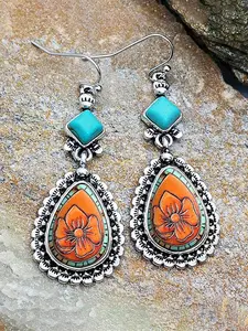 Bohemian Style Imitation Turquoise Water Drop Flower Earrings, Vintage Women's Creative Party Jewelry, Unique Design Dangle Earrings, High Quality Earrings