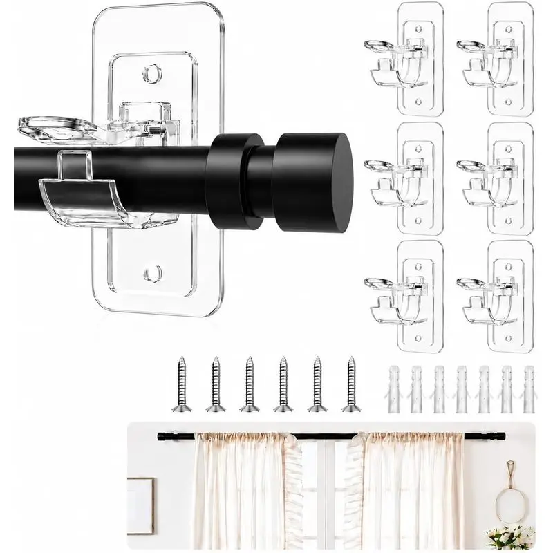 6 PC No Rod Brackets, Self Rod Holder for 0.5" to 1.18" Rods, Nail Free Renter Friendly Holders with Screws for Bedroom,, Home,| Nail Free, Renter Friendly Rod Holders with Screws, Up to 20, for, Bedroom, and Apartment