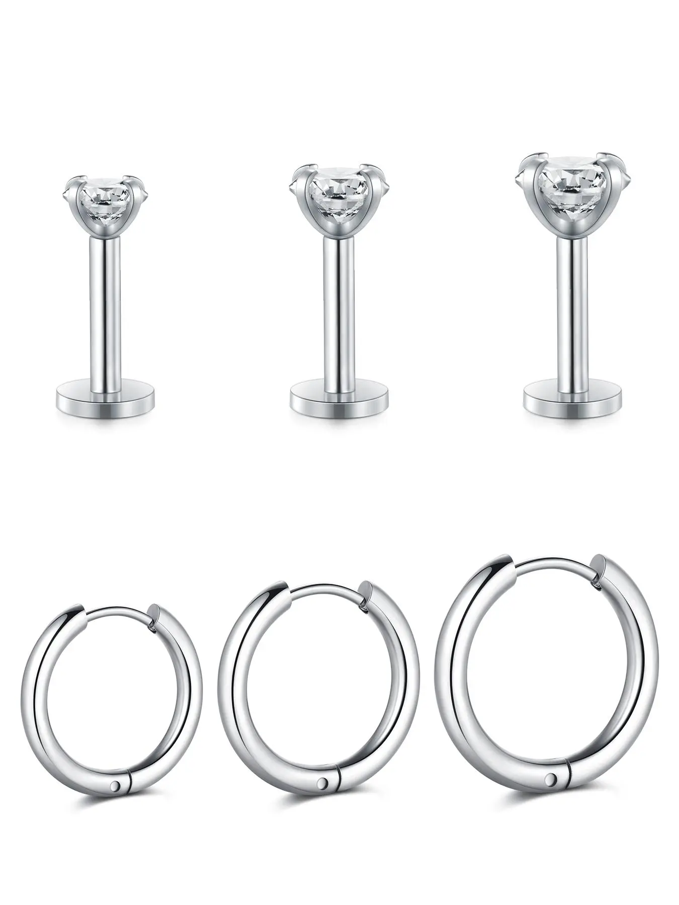 16g Threadless Flat Back Earrings, Hypoallergenic Cubic Zirconia Push in Threadless Earrings, Stainless Steel Conch Earring Hoops, Tragus Earrings