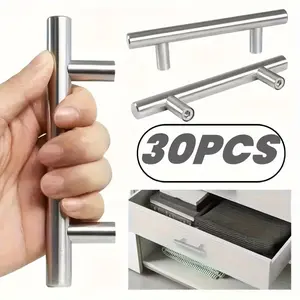 30 Pack Kitchen Cabinet Pulls T Handles Silver Stainless Steel 128mm/ 5", Suitable for kitchen, wardrobe, drawer, wooden door Security Lock