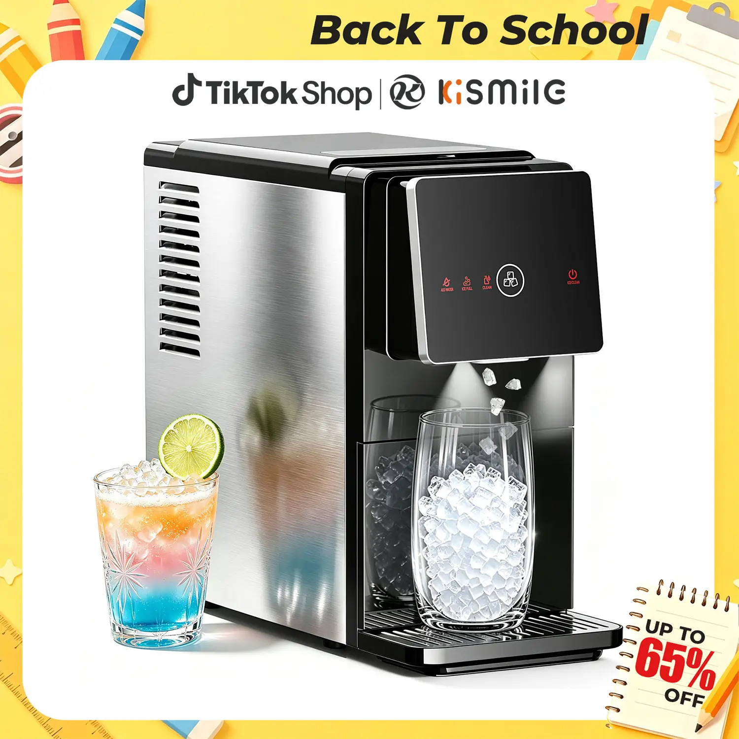 Back To School - Kismile Countertop Nugget Ice Maker 24lbs/Day Self-Cleaning Sonic Ice Maker 1.8L Water Tank Touch Screen Auto Ice Drop for Home Office Kitchen