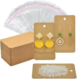 Earring Display Cards with 100Pcs Earring Holder Cards, 100 Pairs Clear Earring Backs and 100Pcs Self Adhesive Bags for Earrings Jewelry Display (Brown, 3.5" x 2")