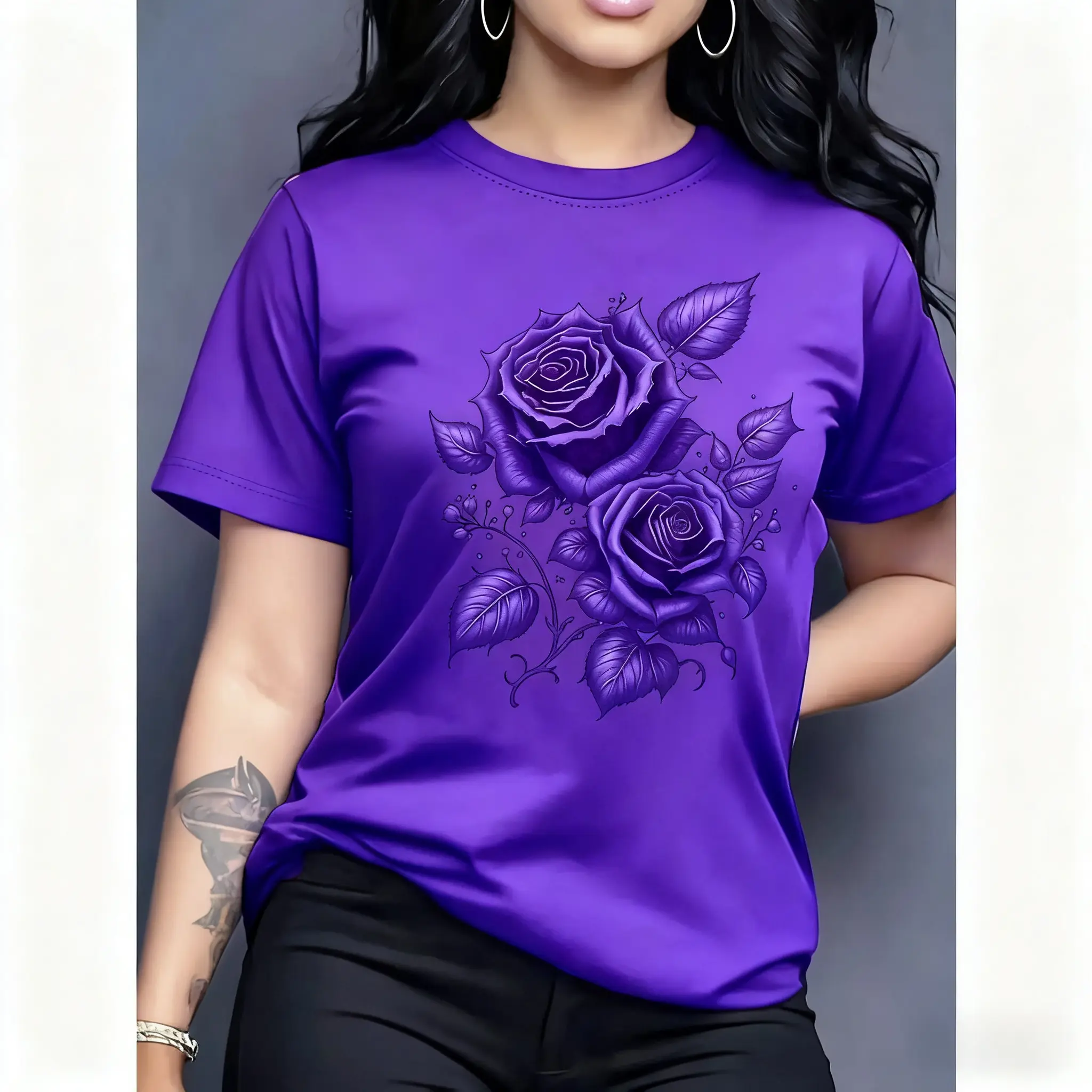 Women's 100% Cotton Short-Sleeve Flat Round Neck Purple Rose Graphic Tee - Smooth Fabric, Romantic Elegant Top, 5 Color Options for Casual Daily Wear & Fashion-Forward Outings