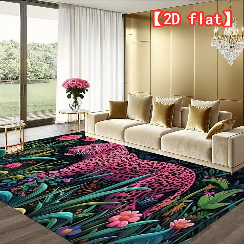 【2D flat】Pink Leopard Jungle Stroll Luxury Velvet Area Rug - Non-slip backing, machine washable - Perfect for living rooms, bedrooms, and indoor spaces | Velvet Christmas Gift | Halloween Gift