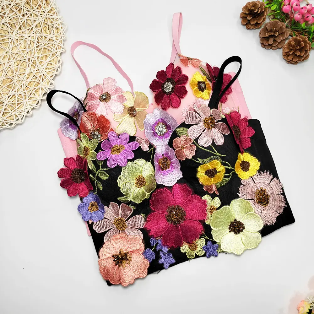 Sexy Floral Sleeveless Corset Top for Lady, Embroidered with Rhinestone Beading for Parties & Festivals