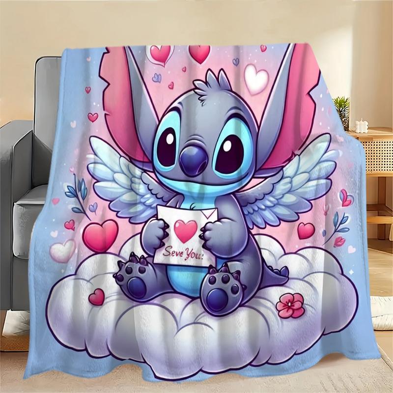 Cute Angel Stitch Cloud Theme Flannel Blanket, Light Blue Bottom, Winged Stitch Hugging Heart Card, I Love You Design, Valentine's Day Gift
