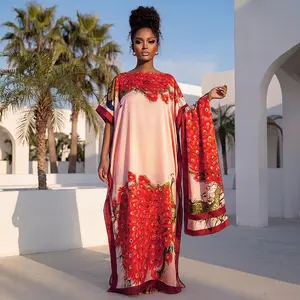 Boho Floral Print Caftan Dress with Matching Scarf - One Size, Perfect for Beach & Everyday! elegant long robe