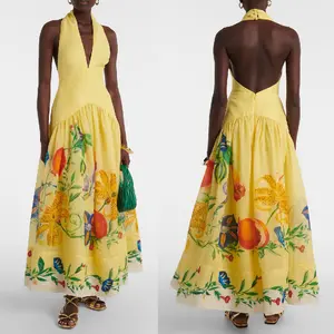 Summer print neck halter big pendulum deep v-neck dress women