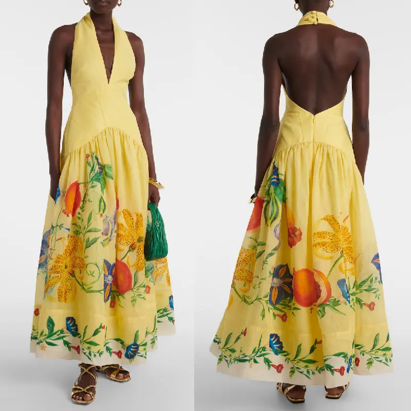 Summer print neck halter big pendulum deep v-neck dress women