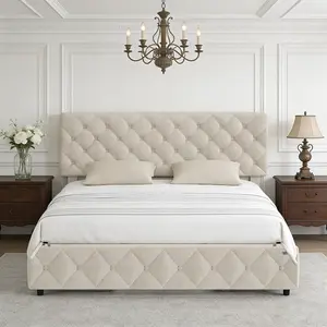 Garvee Queen Size Bed Frame with 4 Storage Drawers and Headboard, Linen Upholstered Platform Bed Frame with Wooden Slats Support, Diamond Stitched Button Tufted, No Box Spring Needed, Beige