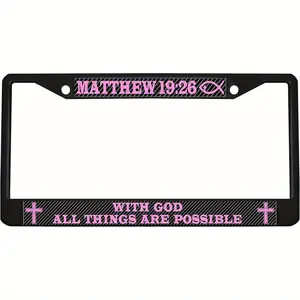 Heavy Duty Metal License Plate Frame with Matthew 19:26 Bible Verse & Pink Cross Design - Christian Faith Car Tag Holder, Durable Sturdy Construction, Smooth Metal Surface, Fits Most US Vehicles, Inspirational Vehicle Accessory for Christians (with Screws