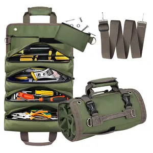 Portable Tool Roll Bag for Electricians & Mechanics with 4 Compartments and 2 Detachable Tool Bags, Heavy Duty Carpenter Tool Belt, Green, Ideal for Job Sites and Workshop Organization.