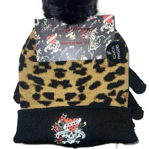 Ed Hardy Universal Leopard Print Hat and Glove Set with Touch Fingers Feature