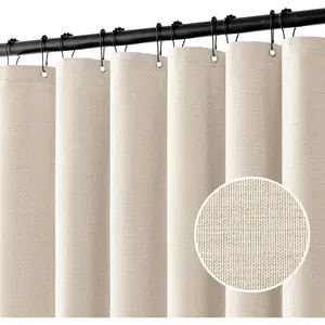 Linen Shower Curtain with 12 Metal Hooks Modern Heavy Duty Washable Beige Fabric Shower Curtain Set Waterproof Neutral Thick Cloth Shower Curtains for Bathroom Bathtub Washable, W72*L72, Cream