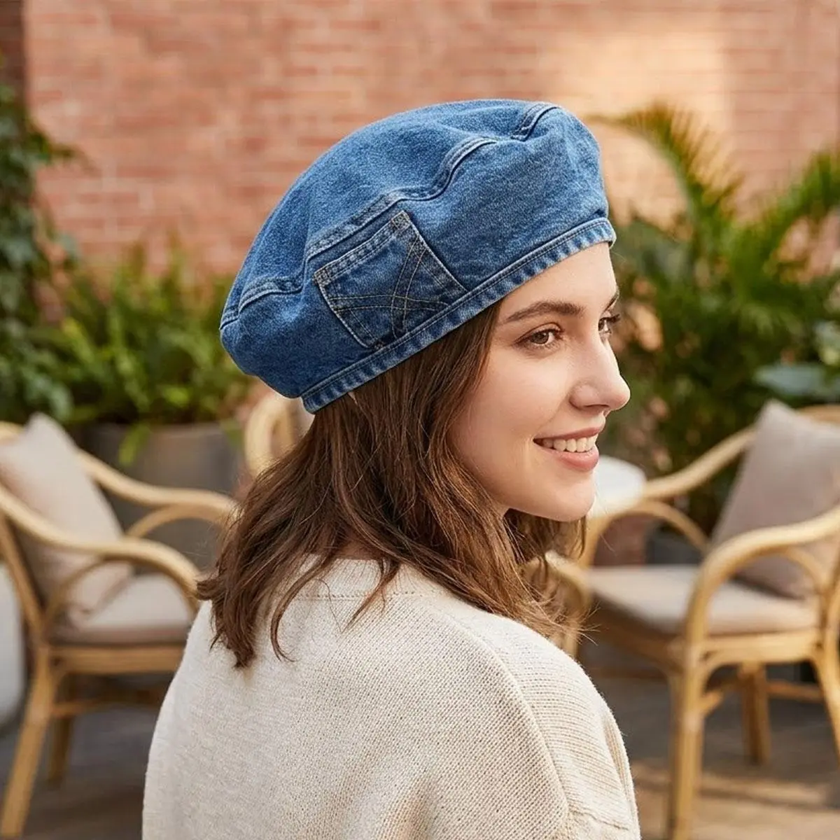Washed Denim Beret for Women, Classic French Silhouette with Mini Pocket, Lightweight for Everyday UV Prevention, Outdoor Wear, Universal, Accessories For Women, Lived‑In Denim Look tiktokshopbacktoschool