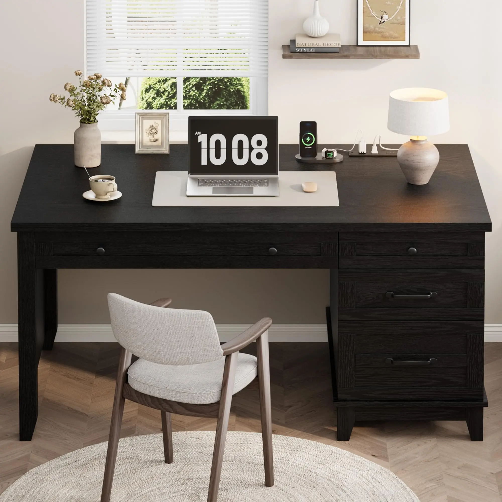 Garvee Farmhouse Executive Desk with Drawers, 53.54 in Home Office Desk Featuring Charging Station, Wooden Computer Desk with File Cabinet Storage for Work, Study, and Writing in Rustic Black Finish