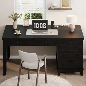 Garvee Farmhouse Executive Desk with Drawers, 53.54 in Rustic Black Wooden Computer Desk Featuring Charging Station and File Cabinet Storage for Home Office, Work, Study, and Writing