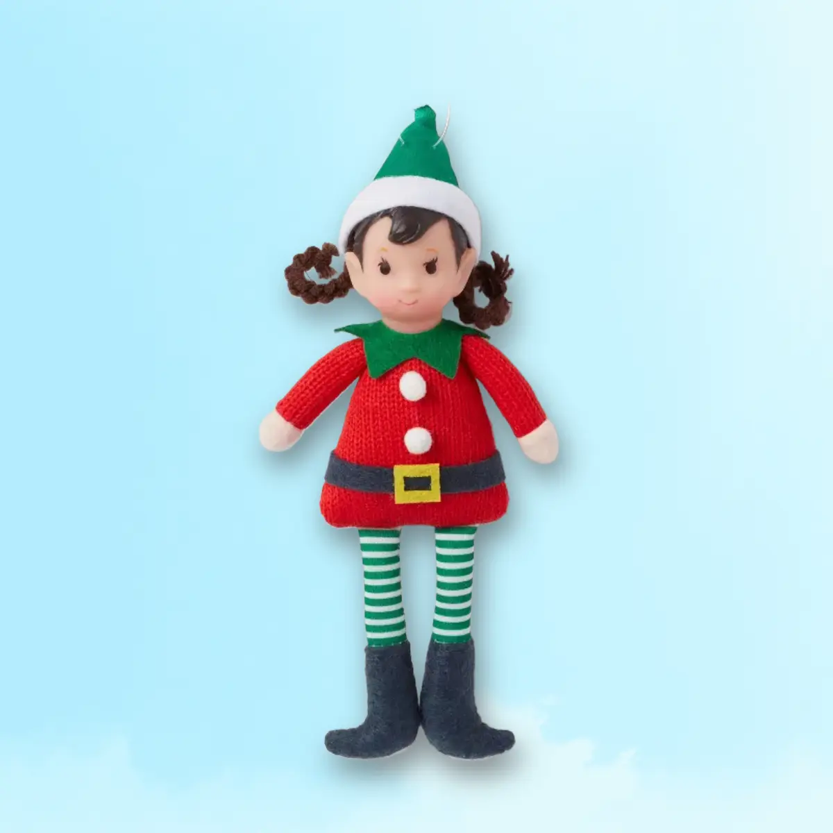 Fabric Elf Child wh Braids and Green Hat Christmas Tree Ornament - Wonrshop ™ : Indoor Holiday cor, Polyester, 9" Height