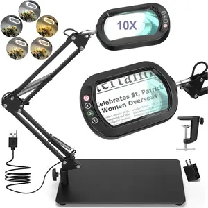 10X Square Magnifying Glass with Light and Stand, Real Glass LED Lighted Magnifier, 5 Color Modes Stepless Dimmable, Hands-Free Mag Desk Lamp with Clamp for Reading Craft Hobby Close Work Black