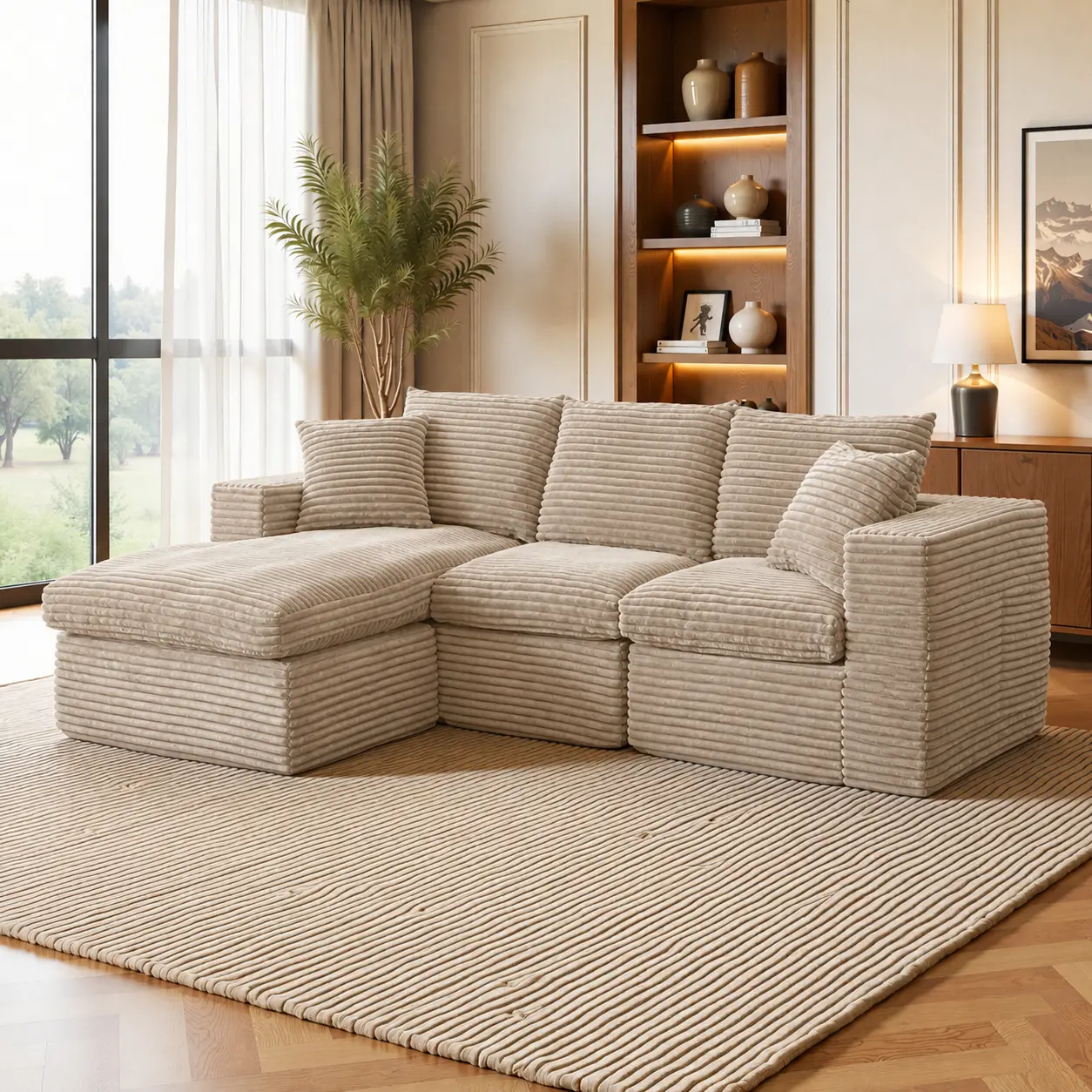 DIGWAC 96-Inch L-Shaped Modular Sectional Sofa with 49-Inch Chaise, 3-Seater Boneless Corduroy Couch with Memory Foam Cushions and Upgraded Pocket Coil Spring Base for Living Room and Apartment