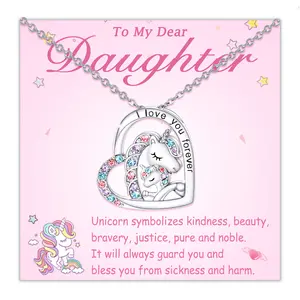 Lucky Unicorn Necklace for Girls I Love You Gifts for Daughter Granddaughter Niece Christmas Valentines Birthday Back to School Day Hypoallergenic Stainless Steel Cubic Zirconia Pendant with message card gift