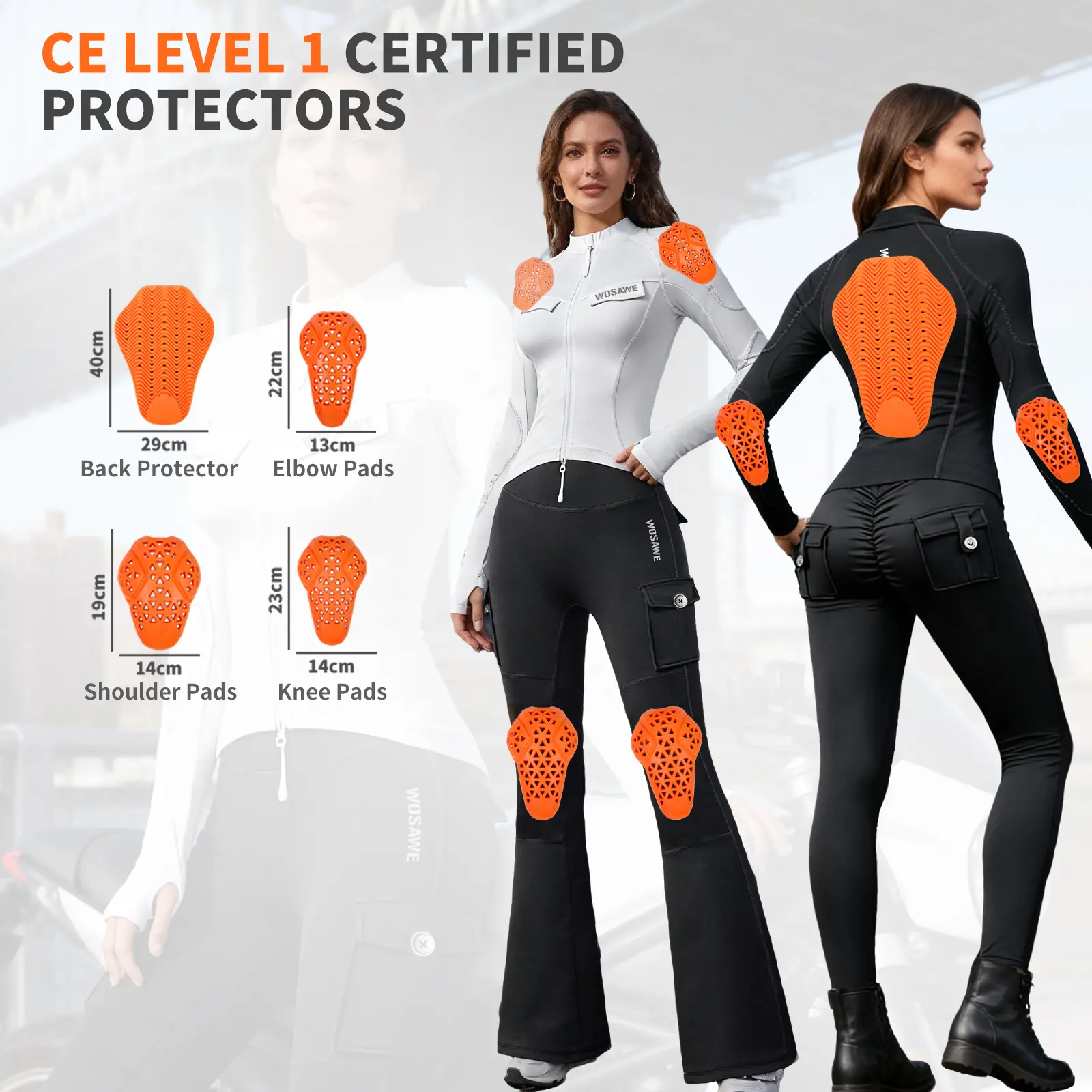 WOSAWE Lightweight PU Soft Armor Set - CE Level 1 Certified Breathable Motorcycle Protective Gear with Shoulder, Back & Elbow Pads
