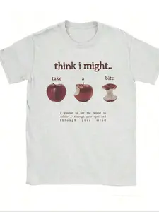 Bite Apple Print T-Shirt, Soft Casual Vintage Aesthetic Short Sleeve, Independent Music Lover Home Sleepwear, Unisex Retro Style Tee