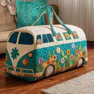 Hippie Journey Quilted Duffel Bag, Retro Rainbow Floral Van Travel Weekender, Boho Road Trip Overnight Bag, Cute Carry On Gift Travel Weekender Vacation Carry-On Duffel Bag
