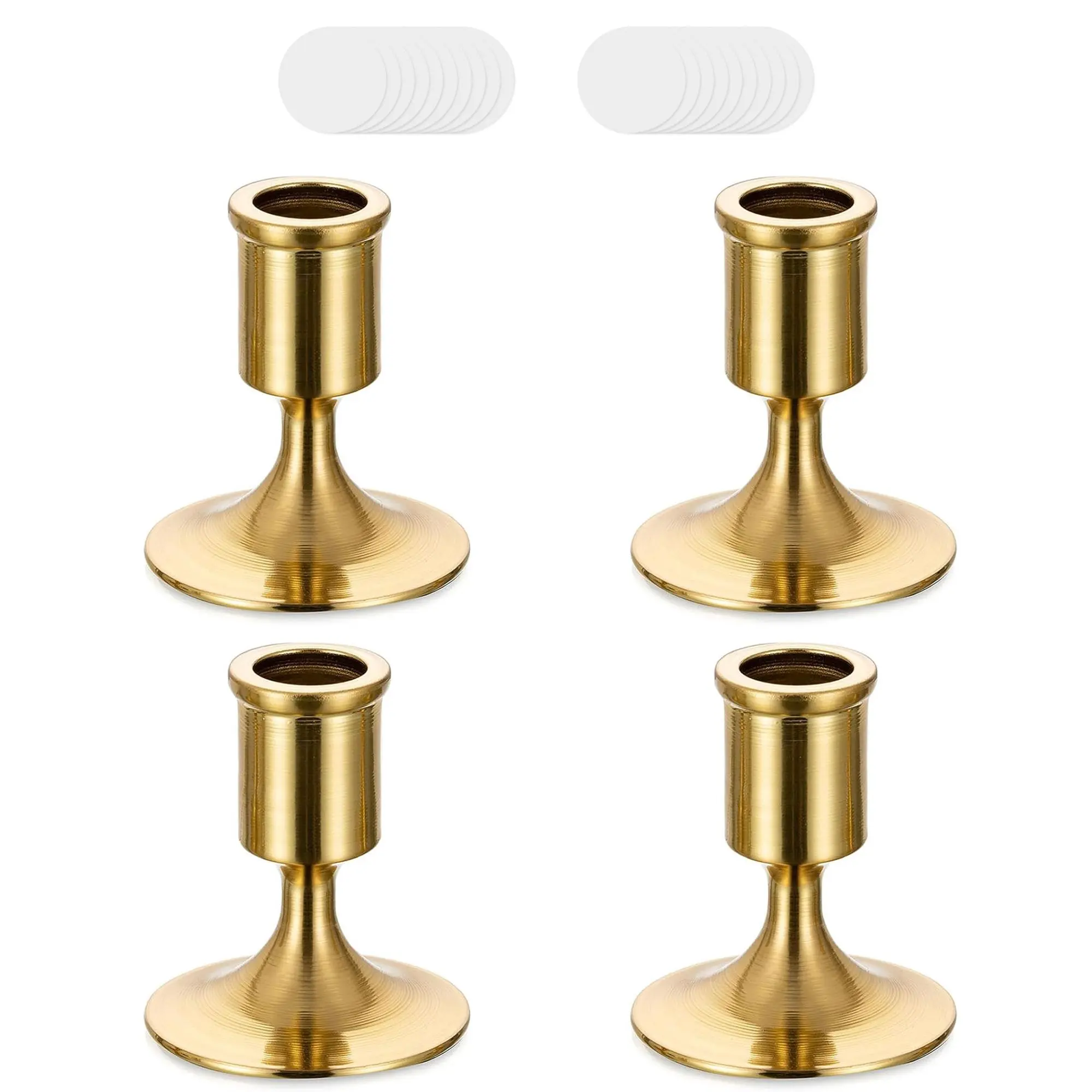 Set of 4 Gold Taper Candle Holders, Metal Vintage Gold Candlestick Holders for Christmas Mantel Decor, Table Centerpiece & Dining Room, with 20 Pieces Candle Wick Adhesive Tapes