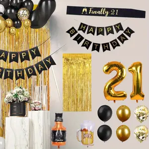21st Gold Birthday Decorations, Gold Black Silver Happy Birthday Balloons Supplies for Boy Girl, 21 Birthday Party Set with 21 Gold Number Balloons Happy Birthday Banner - Home Improvement.