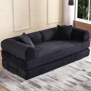 Convertible Floor Sofa Bed, Foldable Mattress Cloud Couch with Pillow Back & Armrest, Corduroy Sleeper Sofa Bed with Fixed-Shape Frame, Compressed Couch for Living Room Bedroom, Dark Gray