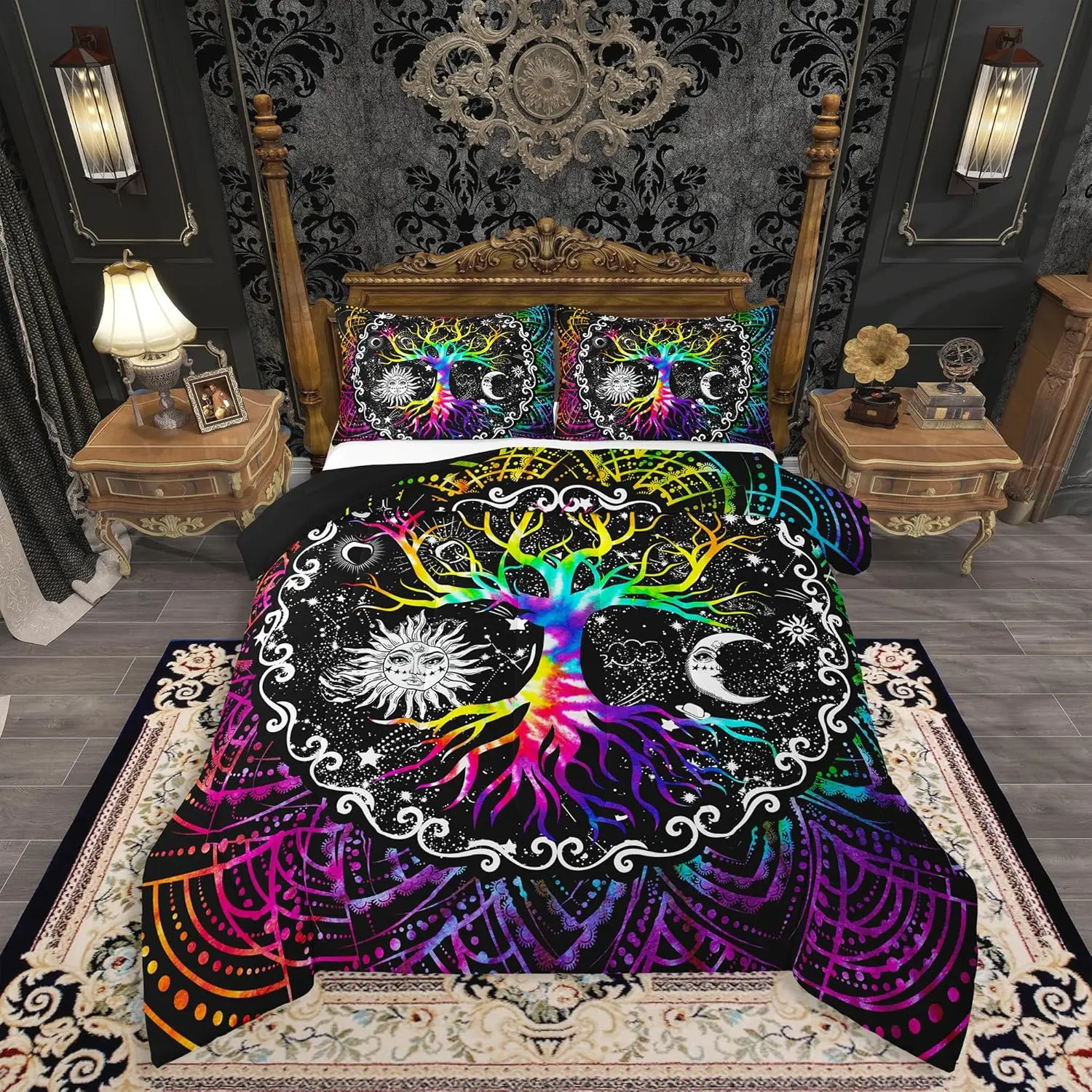 Feelyou Quilted Bedspread Set - Soft, Breathable, Lightweight, All-Season, Machine-Washable, Travel-Friendly King/Queen Size Bedding for Modern Bedroom with Black & White Trippy Sun and Moon, Psychedelic Tree of Life, Galaxy Stars Mandala Tribal Design