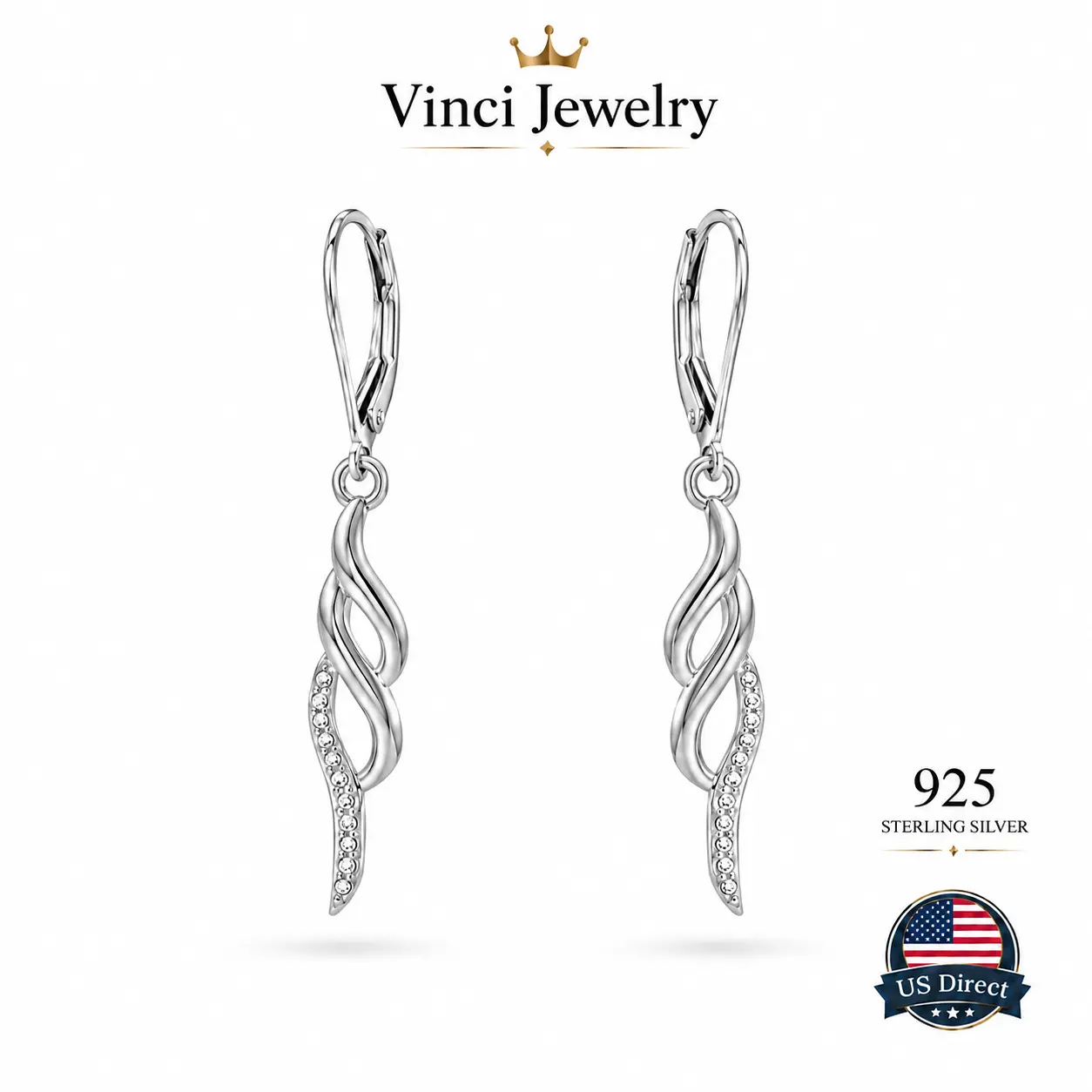 925 sterling silver twisted wave dangle earrings sculptural minimalist modern elegant jewelry with sparkling crystal accents for quiet luxury chic outfits office wear date nights weddings and refined gifts for women moms and girlfriends