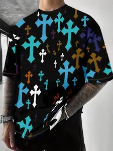 Men's & Multi-Color Cross Print Casual Streetwear T-Shirt, Fitted Long Sleeve Tee, Vibrant Color Design, Comfortable Daily Wear, Round Neck