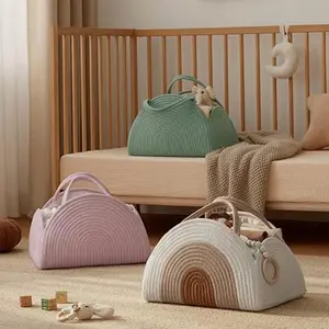 Simple Diaper Basket, Cotton Rope Woven Baby Storage Bag, Handheld Multi-Compartment Organizer, Ideal for New Moms & Dads, Travel Diaper Tote