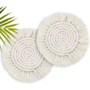 Boho Coasters Set of 2, Cute Drink Coasters Absorbent for Desk, Farmhouse Handmade Woven Macrame Coaster for Mugs Cups - Home Decor Housewarming Gift, Round Beige