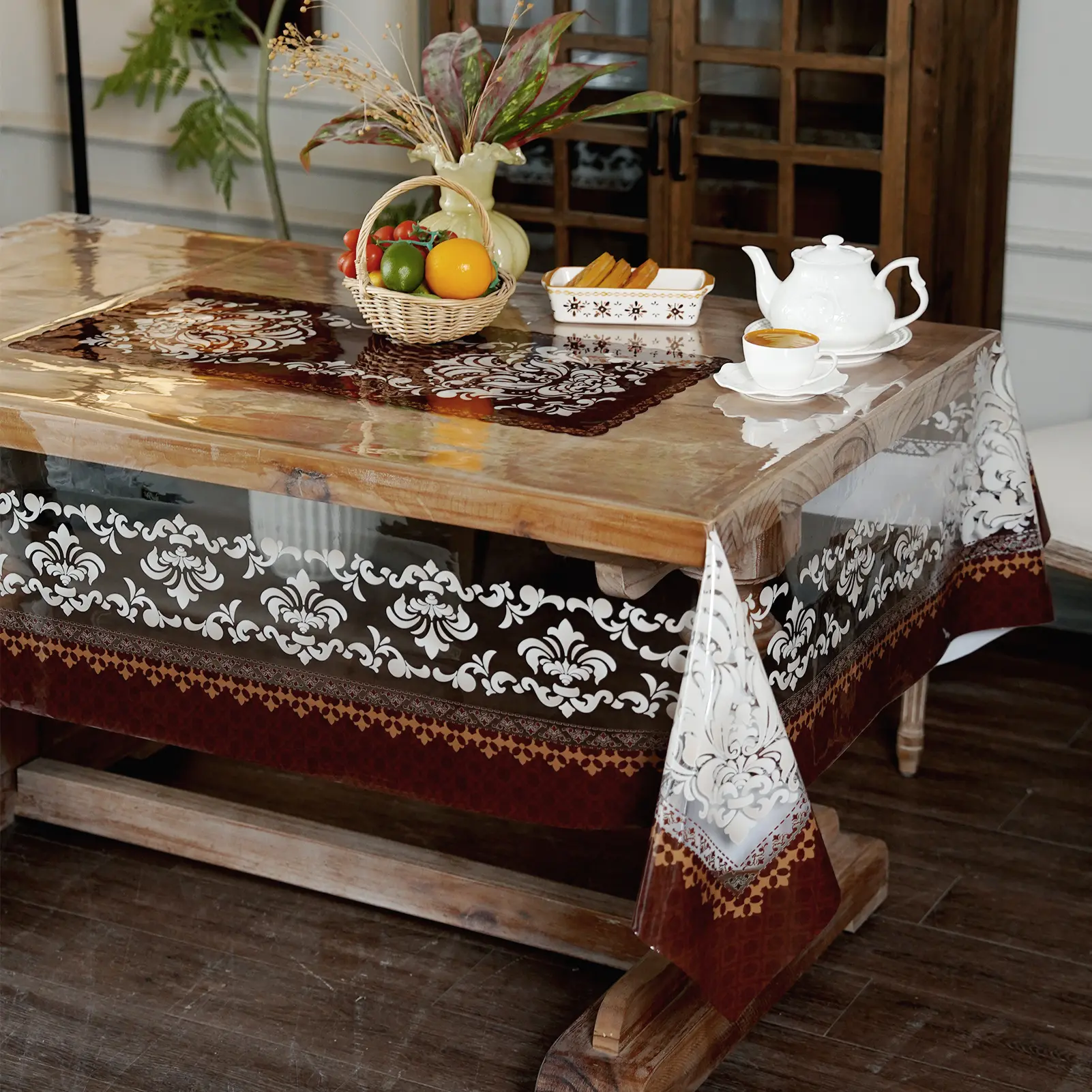 Artbloss Clear Table Protector Cover Vinyl Rectangle PVC Tablecloth with Damask Pattern Waterproof Oil Proof Wipeable Plastic Tablecloths for Home Kitchen Dining Table