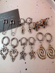 Punk Thorn Heart Star Spiral Tooth Rivet, Unisex Gothic Decadent Hip-Hop Y2K Vintage Jewelry, Punk Style Earrings, 6 Pairs Set