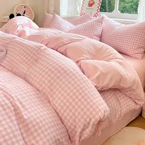 3Pcs Pink Blue Plaid, Soft Skin-Friendly Checkered Bedding Set 1 Duvet Cover + 2 Pillowcases Without Filler, Single Double Queen King Size Available