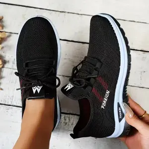 Trending Women's Knit Lace-Up Sneakers | Striped Accent | Cushioned Sole | Daily Fashion
