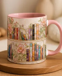 Stained-Glass Style Floral Bookshelf Mug, Book Lover Gift, Bookish Mug, Library Cup 110z-15oz