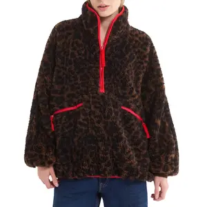 Songling Women's Long-Sleeve Fleece Cardigan Jacket Fuzzy Half-Zip Design Snow Leopard Print Knit Sweatshirt Casual Warm Winter Thick Teddy Bear Coat Womenswear Chic Cute Essential
