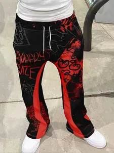 Men's Loose Fit 3D Print Geometric Bell Bottom Pants, Casual Sporty Streetwear, Hip Hop Vintage Flared Long Pants, All Seasons Fashion, Casual Fitted Bottoms, Casual Sport Trousers